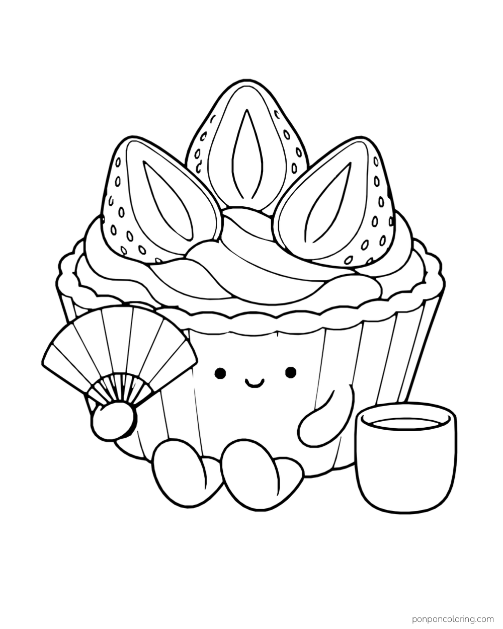 A strawberry tart holds a folding fan beside a cup.