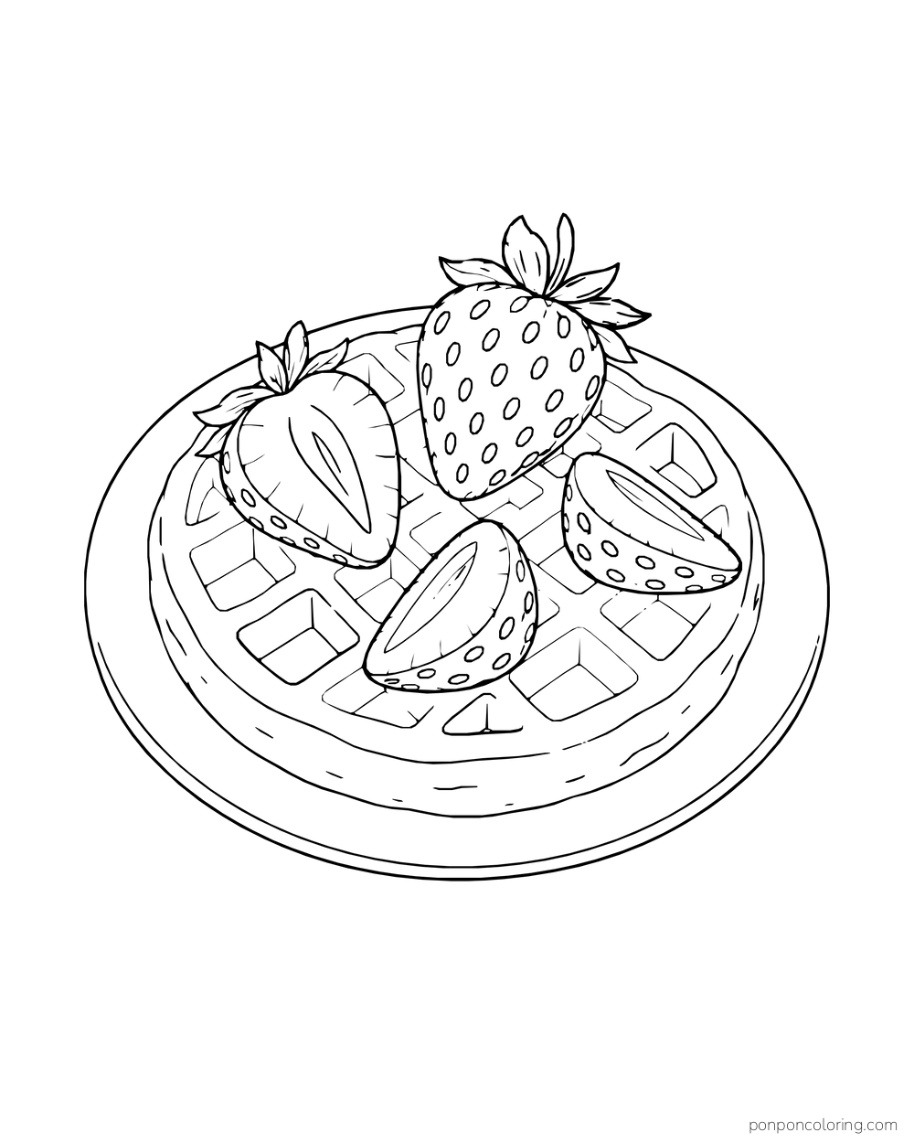 A round waffle on a plate is topped with one whole strawberry and several cut pieces.