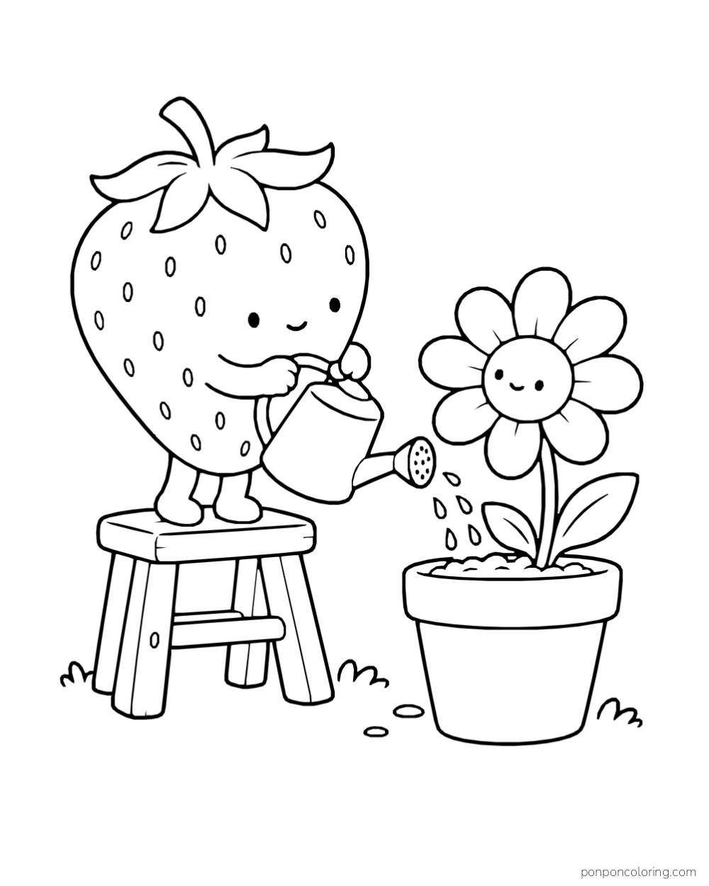 A strawberry stands on a stool and waters a smiling daisy in a flowerpot.