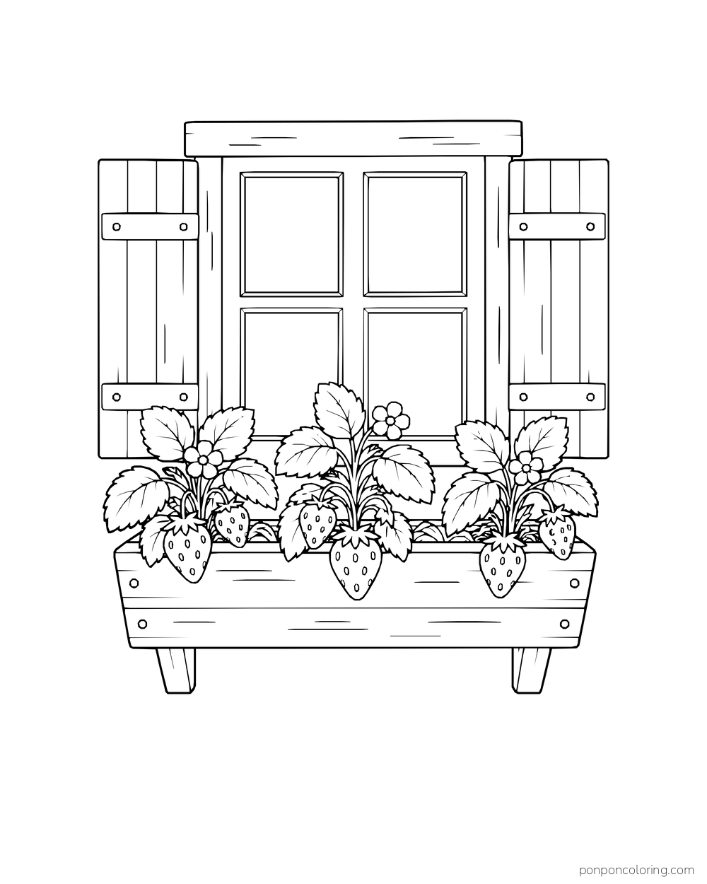 A window box of strawberry plants sits below a four-pane window with shutters.