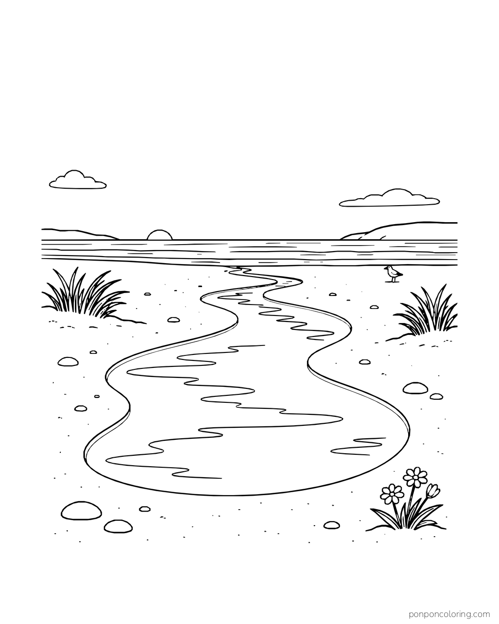 A narrow stream winds across a wide stretch of low-tide sand.