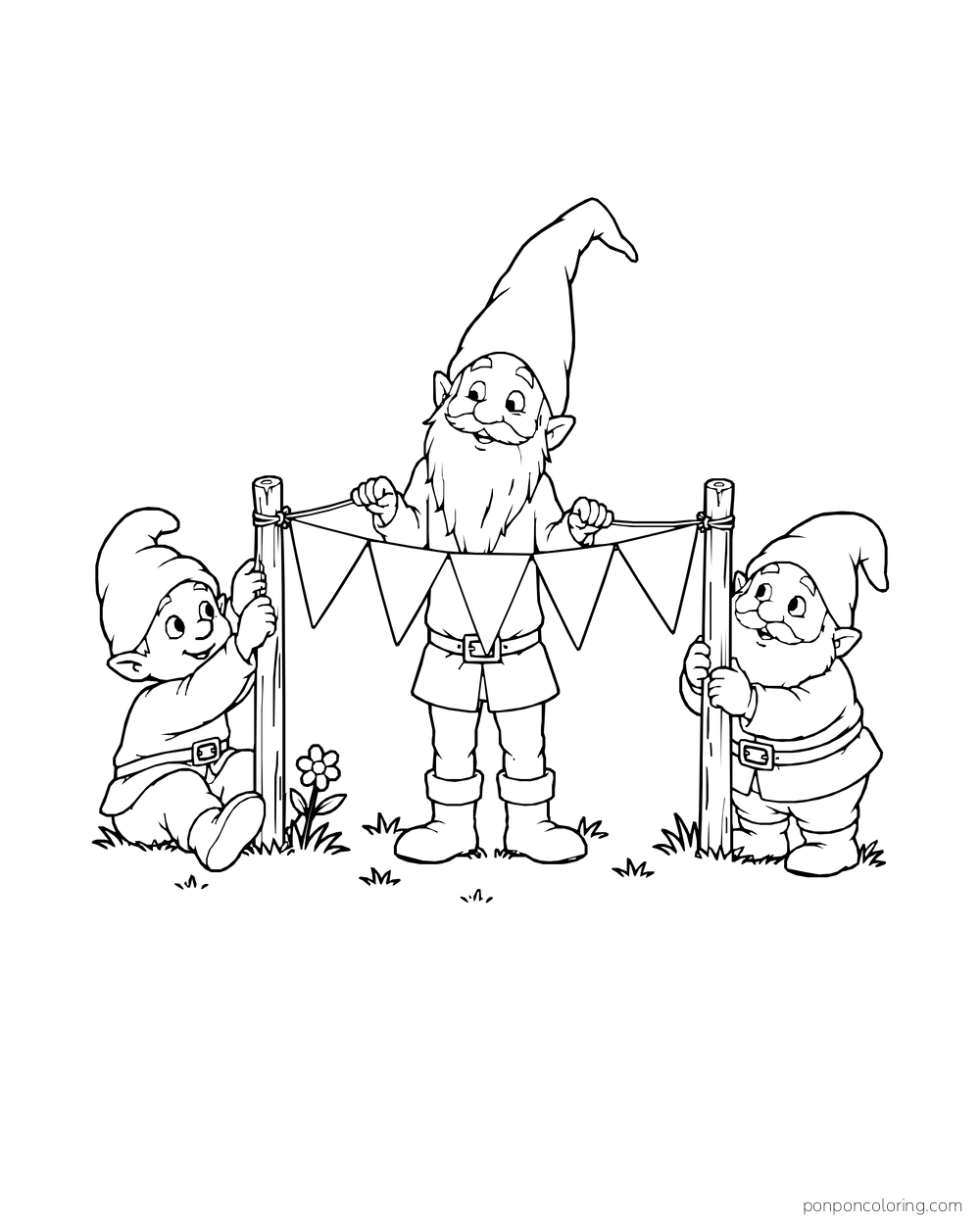 Three gnomes hanging a line of blank triangular pennants between two posts.