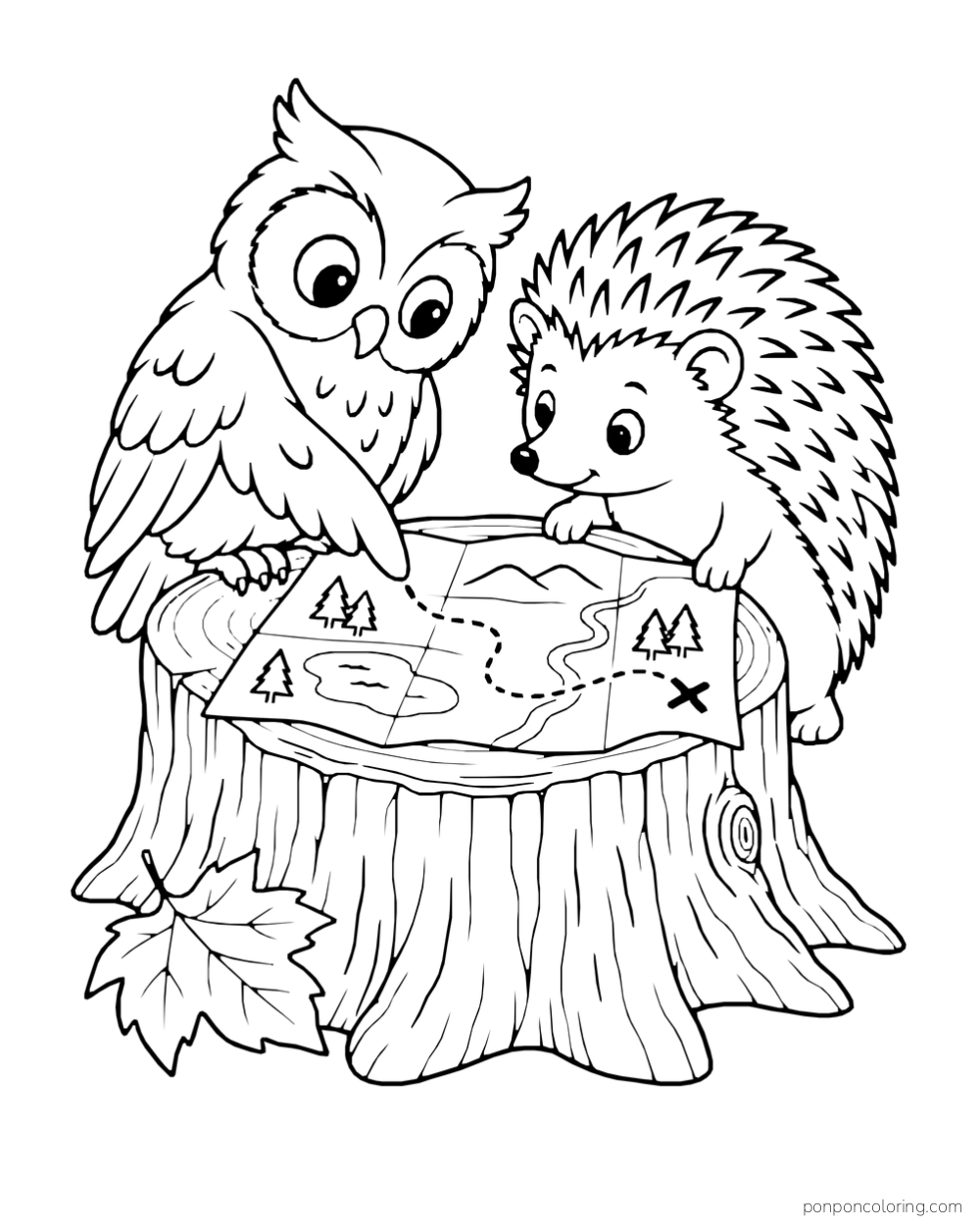 An owl and hedgehog look at a map spread over a tree stump.