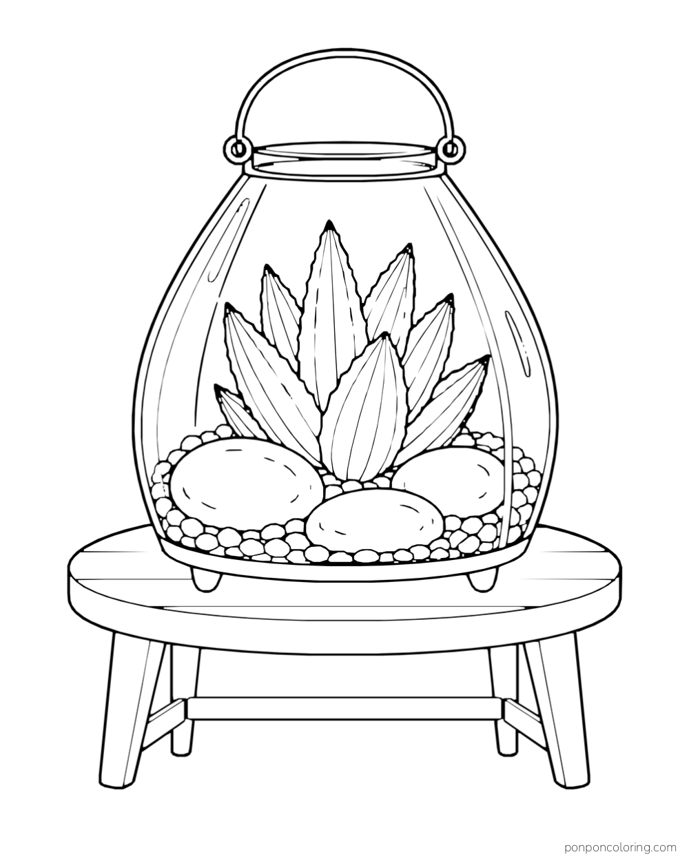 Lantern-shaped glass terrarium with upright fleshy succulent leaves and large stones on a small table.