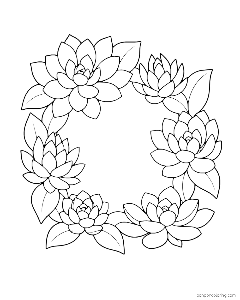 Open circular wreath made from five differently sized succulent rosettes and broad leaves.