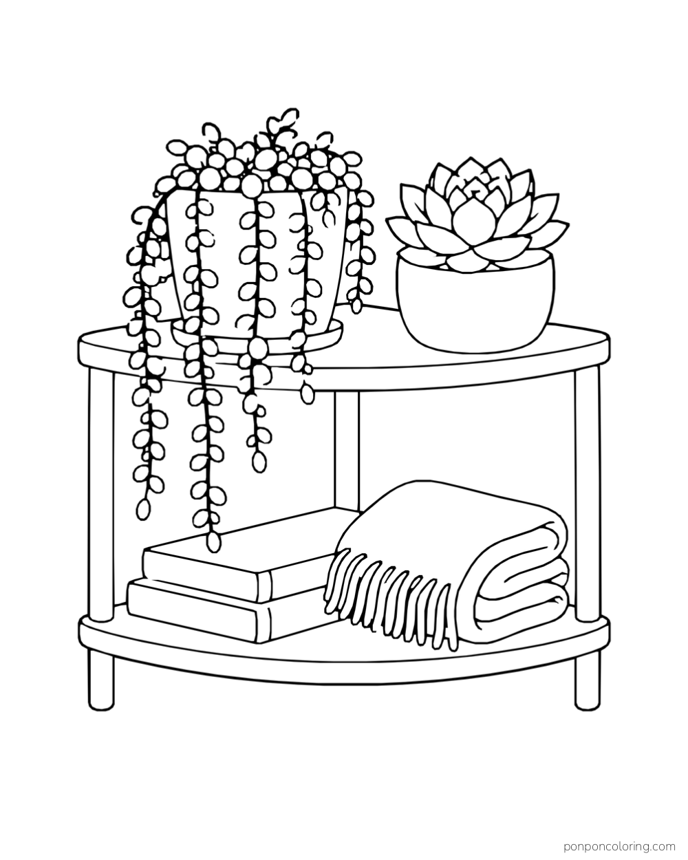 Corner shelf with a hanging round-leaf succulent, a rosette pot, books and folded blanket.