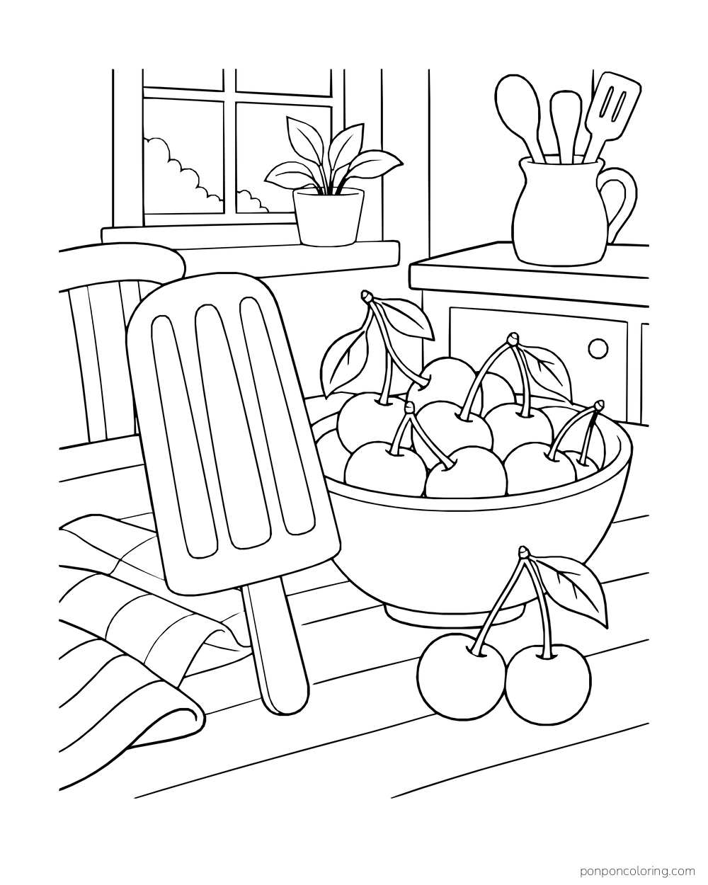 A large cherry ice pop leans beside a bowl of fresh cherries in a simple kitchen corner.