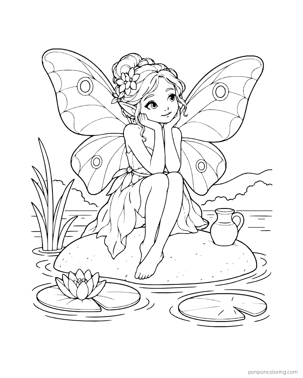 Fairy resting on a pond stone near lily pads and a little jug.