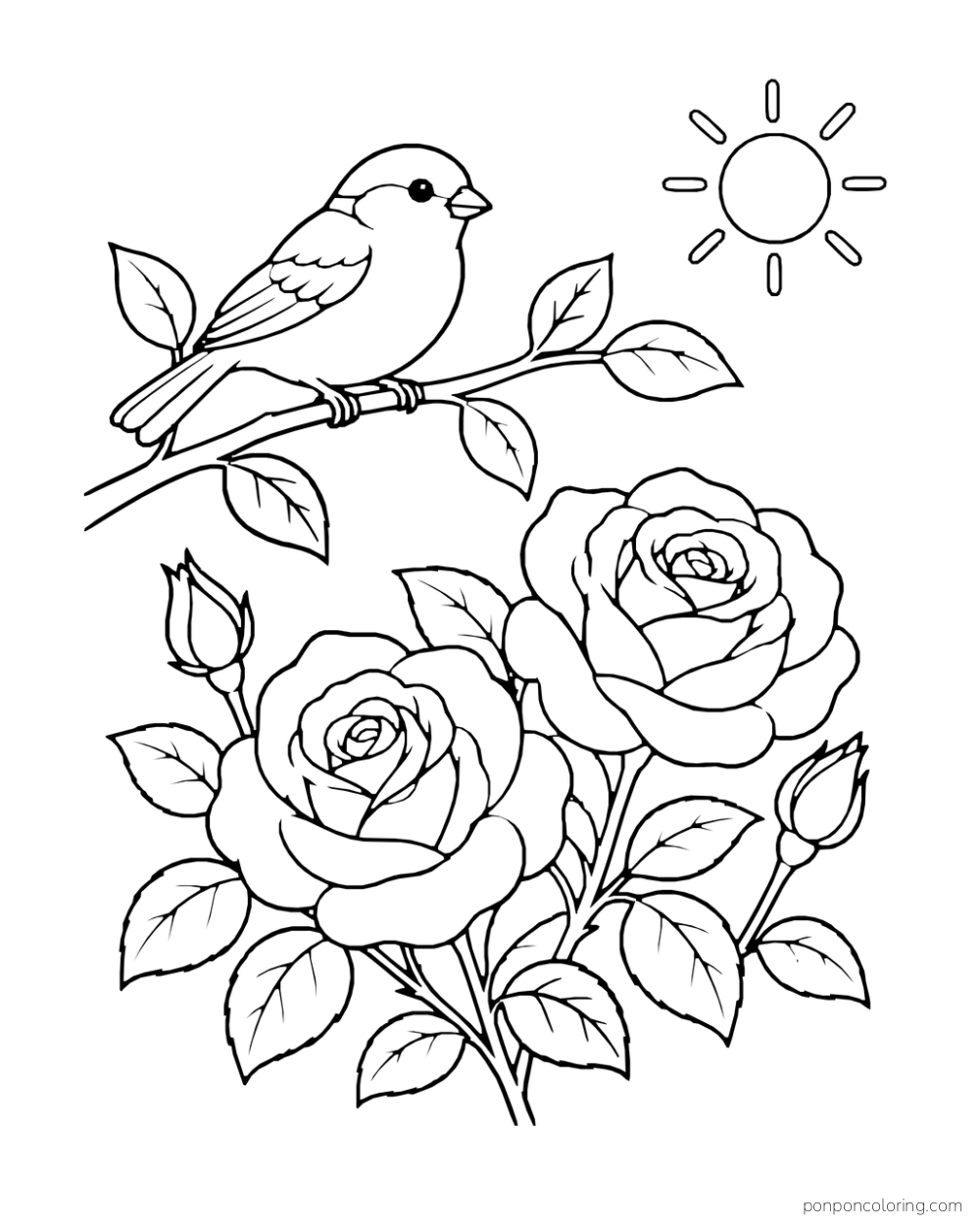 Sparrow perched above two roses with a small summer sun.