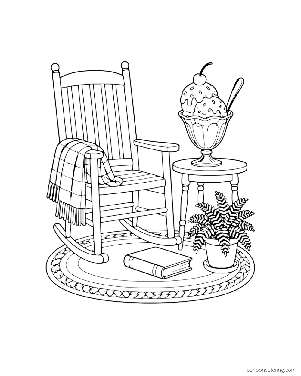 A two-scoop sundae stands beside an empty rocking chair, blanket, fern, book, and rug.