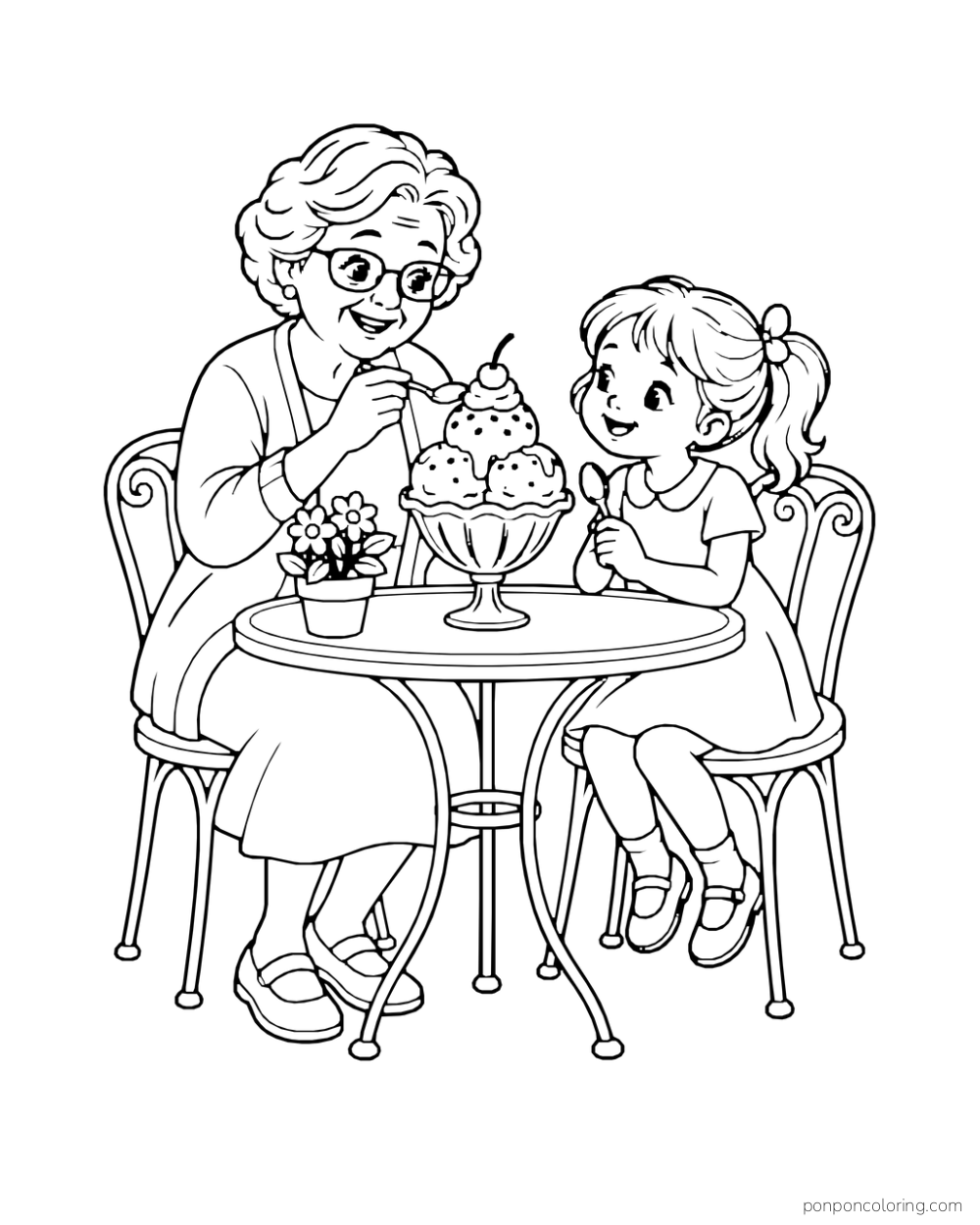 An older woman with glasses and a young child each hold a spoon beside a large three-scoop sundae at a round table.