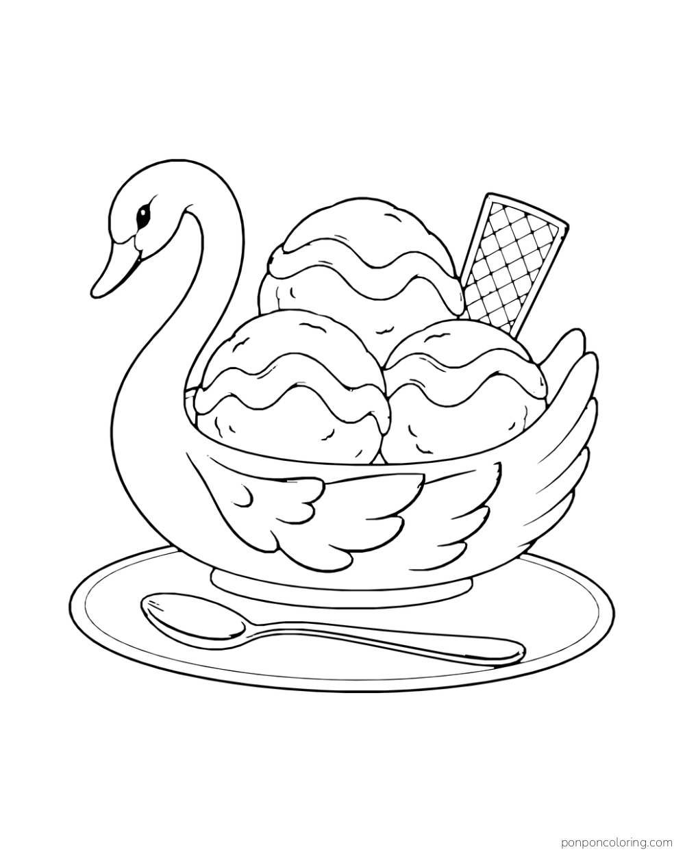 Three scoops sit in a swan-shaped serving dish on a placemat beside a spoon.