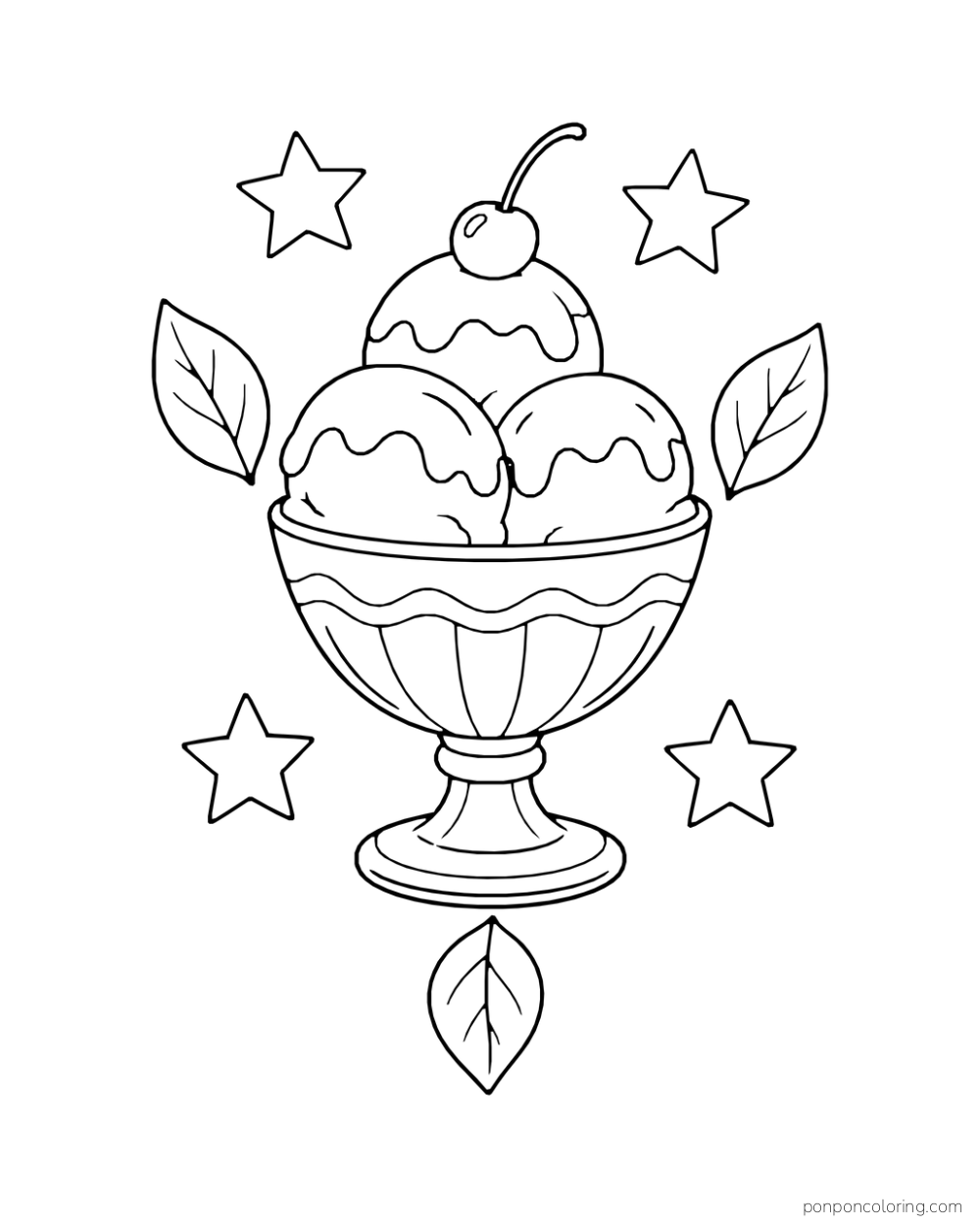 A three-scoop sundae stands among separate stars and leaves with wide spaces between them.