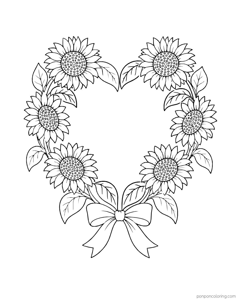 Six sunflowers and leaves forming a heart-shaped wreath with a bow.