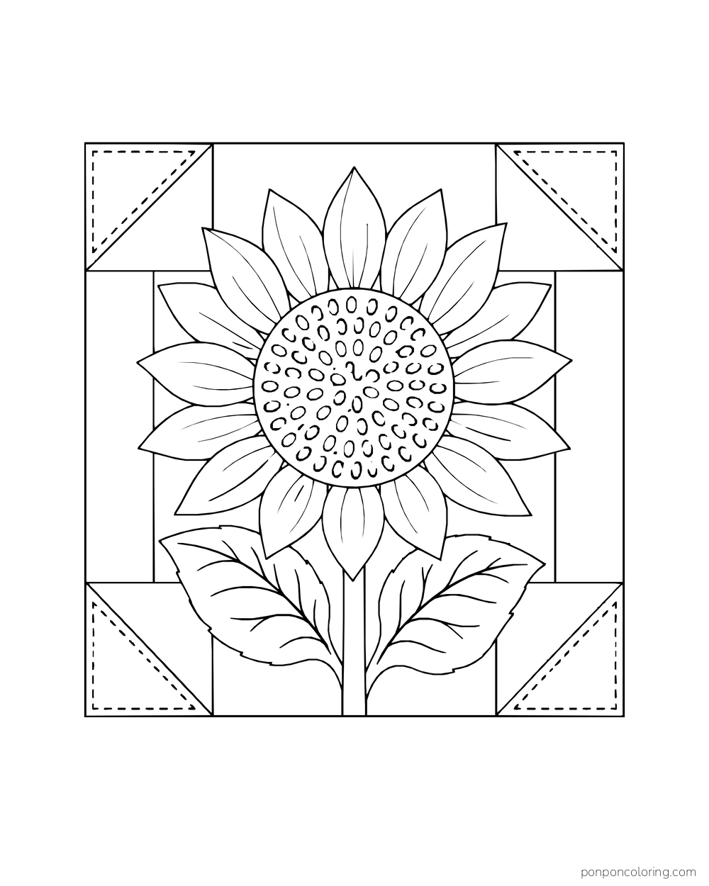 A square quilt block with a large sunflower and broad corner patches.