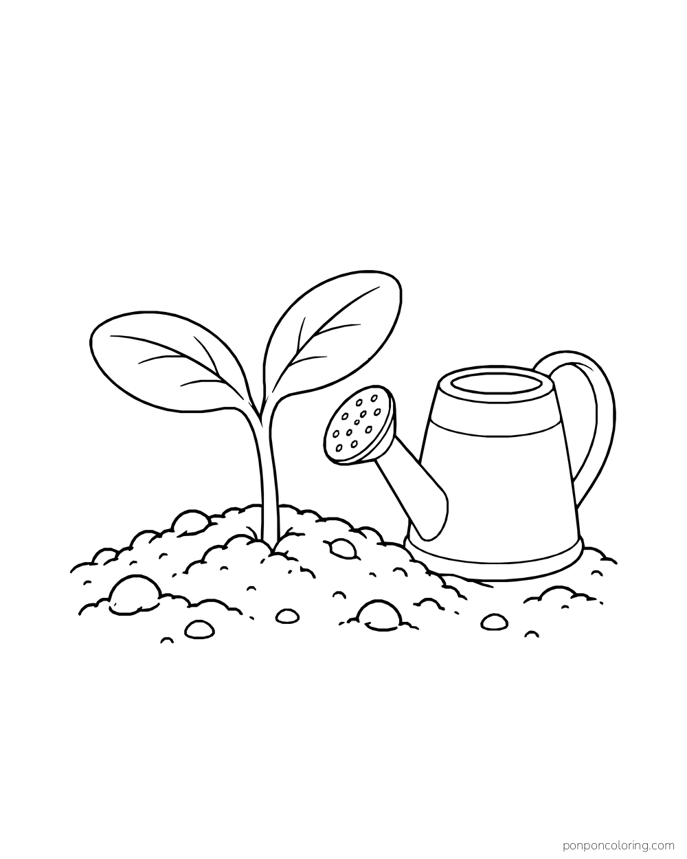 A young sunflower seedling with two leaves beside a small watering can.