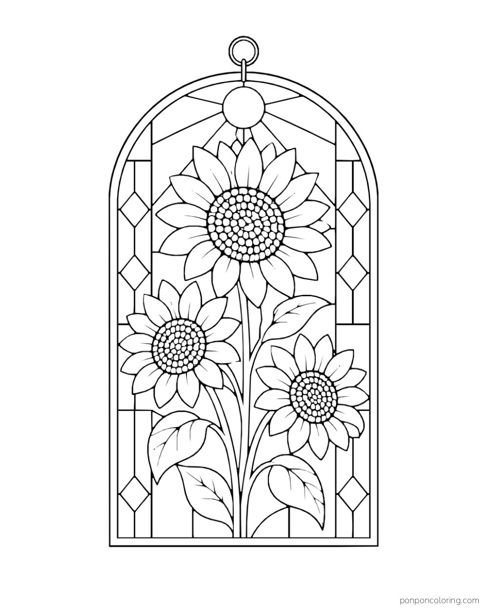 Three sunflowers fill an arched stained-glass ornament.