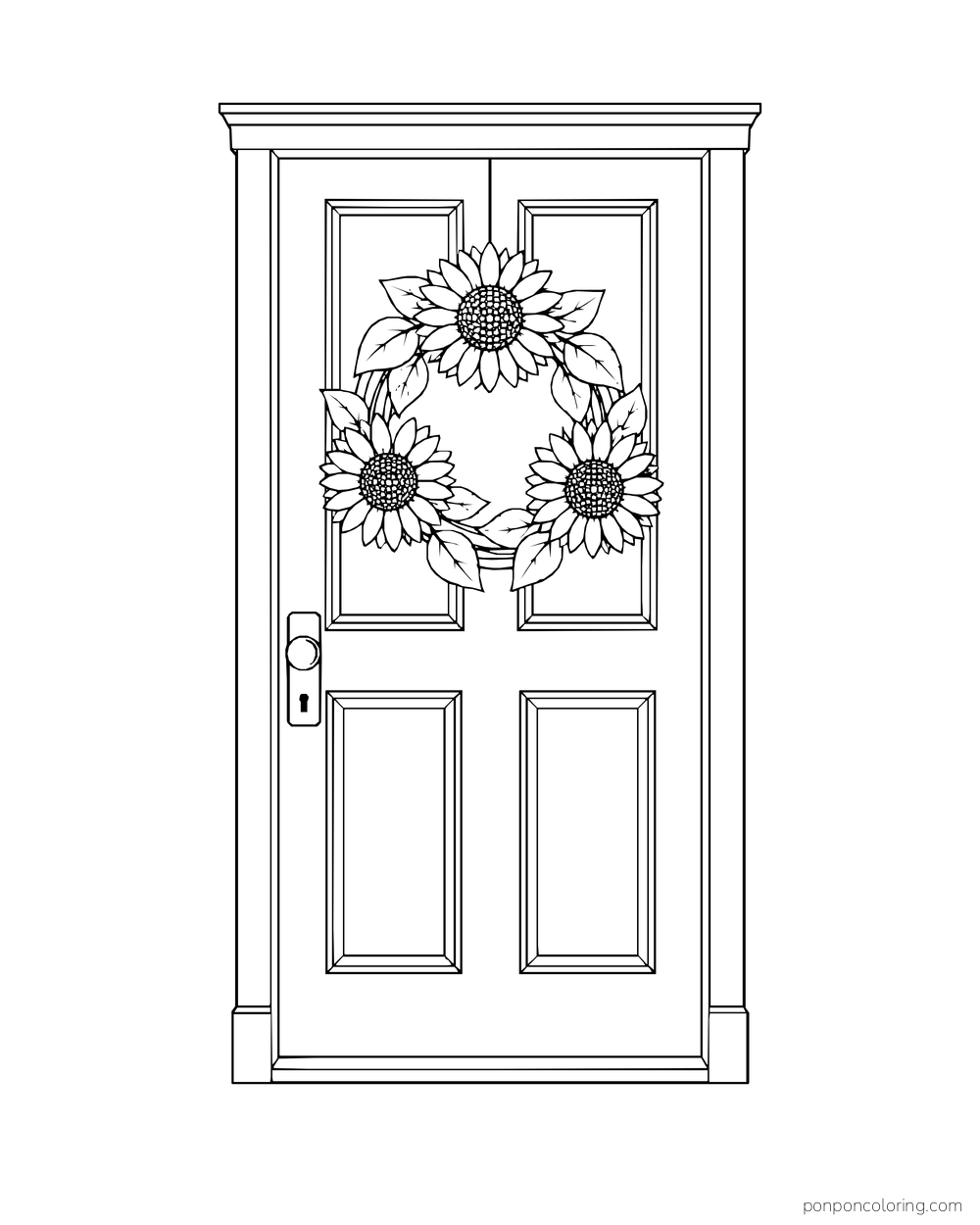 A sunflower wreath hanging on a complete paneled door.
