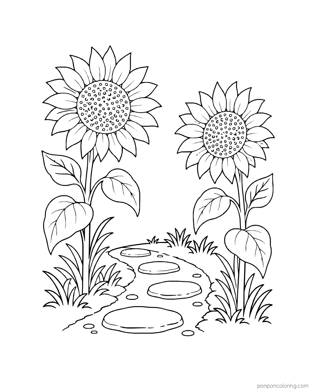 Two sunflowers on either side of a short stepping-stone path.
