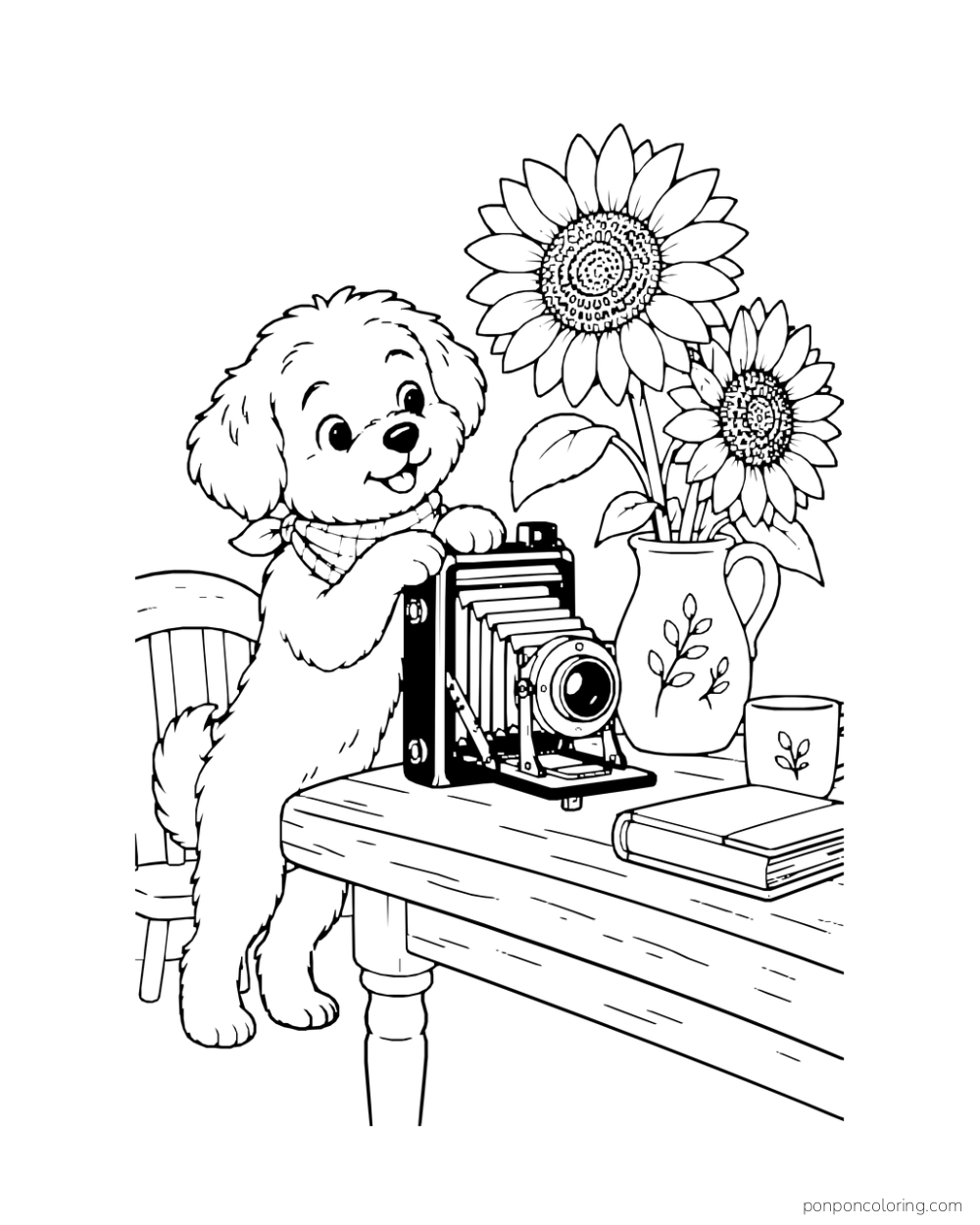 A puppy sits beside an old camera, a jug of sunflowers, a book, and a cup.