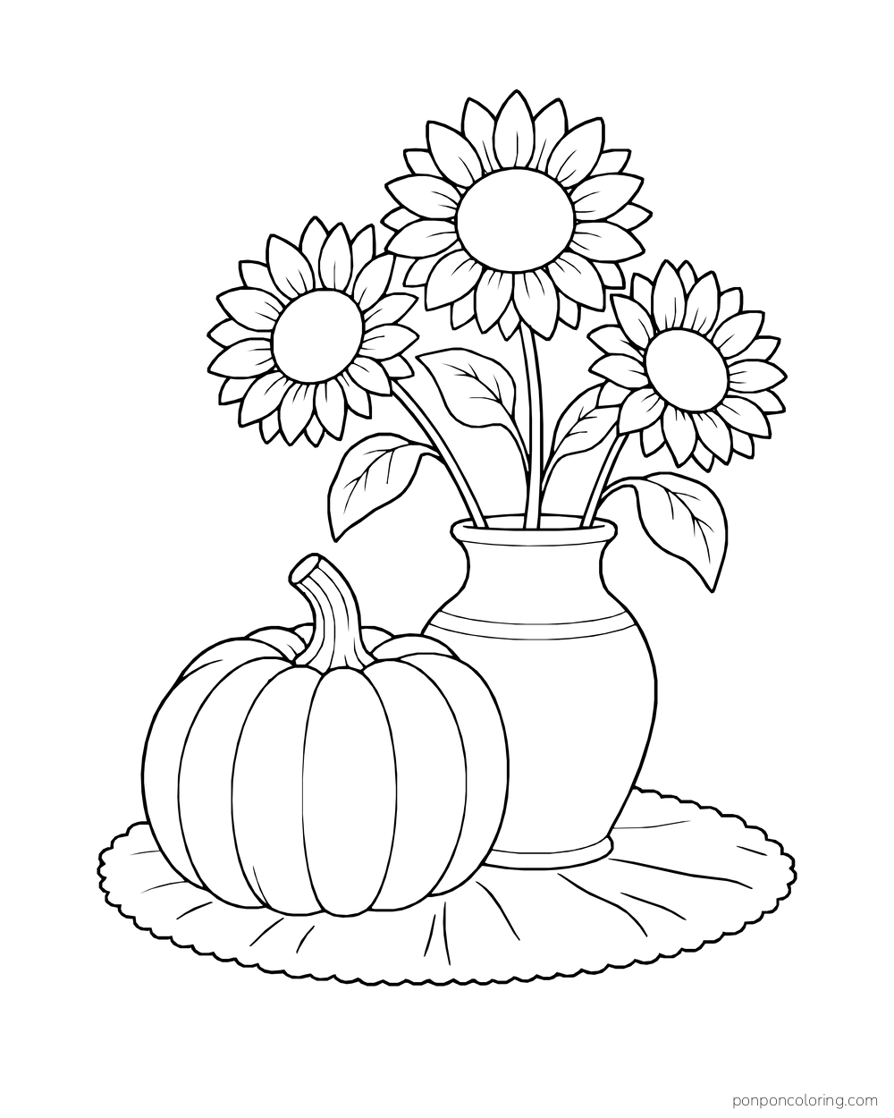 Three sunflowers fill a vase beside a pumpkin on a little round cloth.
