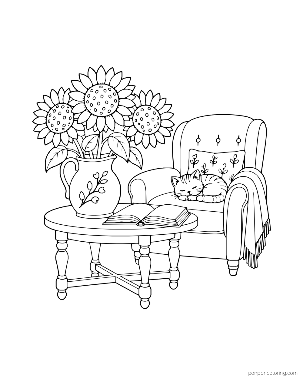 Three sunflowers in a pitcher beside an open book and a sleeping kitten on an armchair.