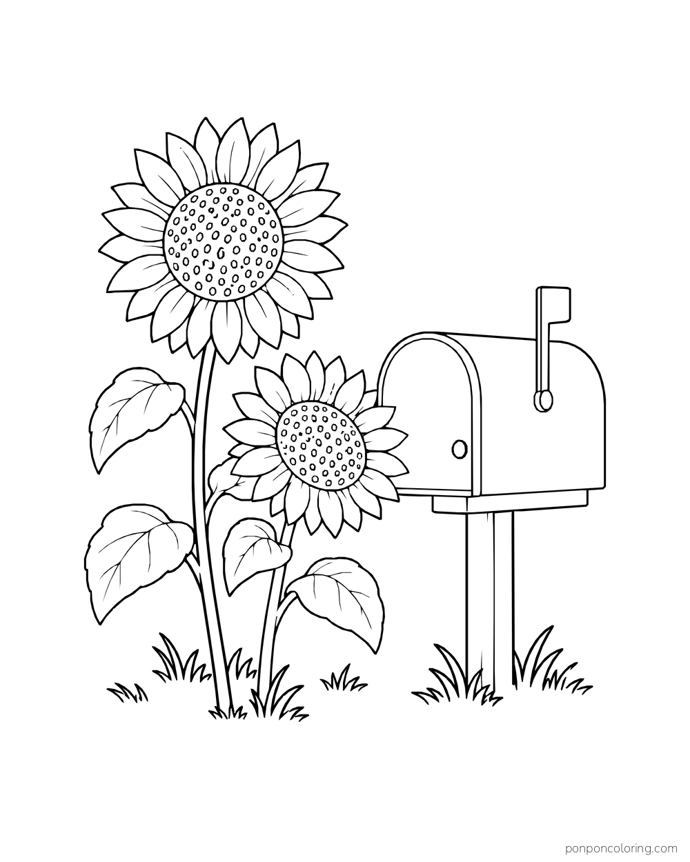 Two sunflowers growing next to a rounded mailbox on a post.