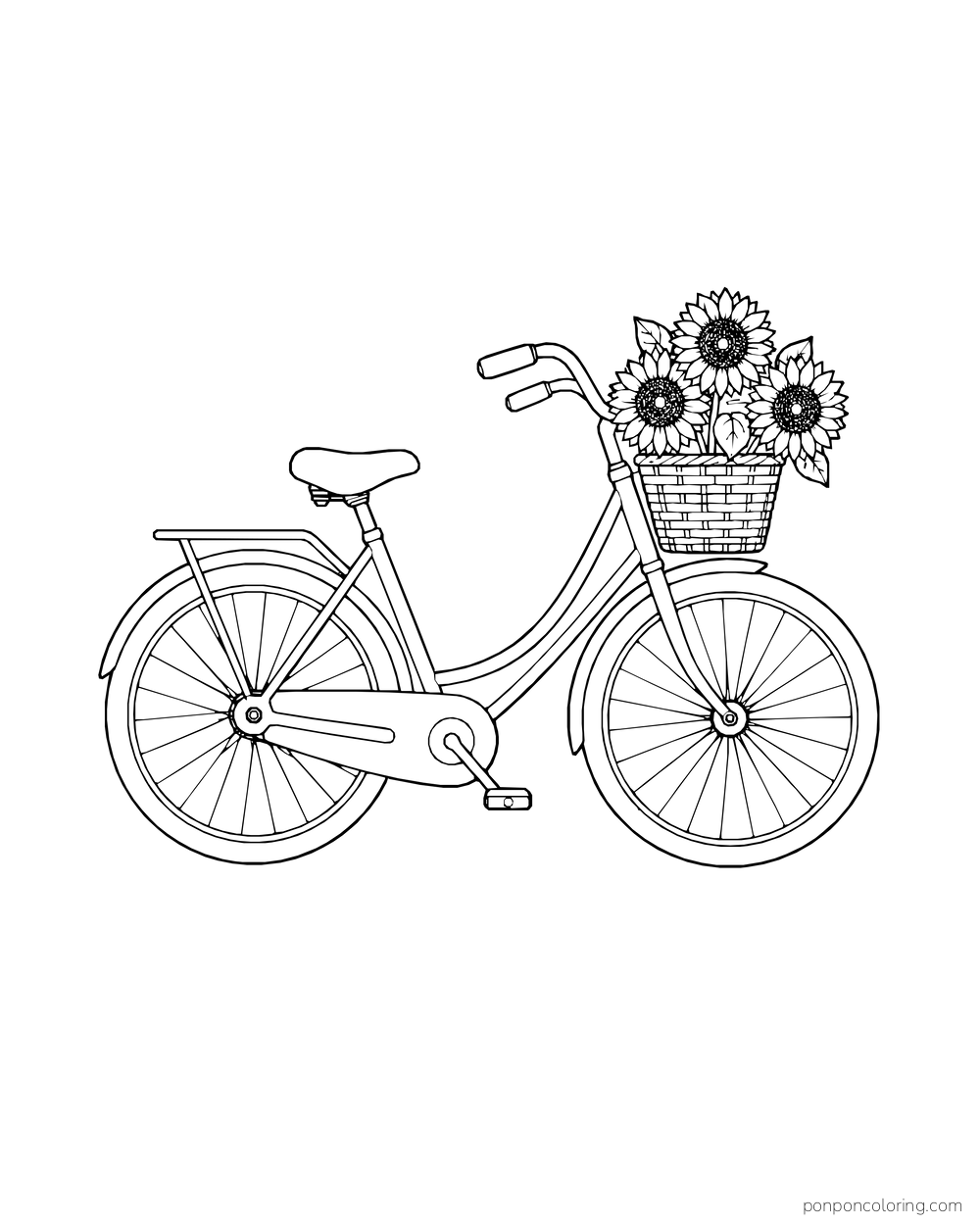 A complete bicycle with sunflowers in its front basket.