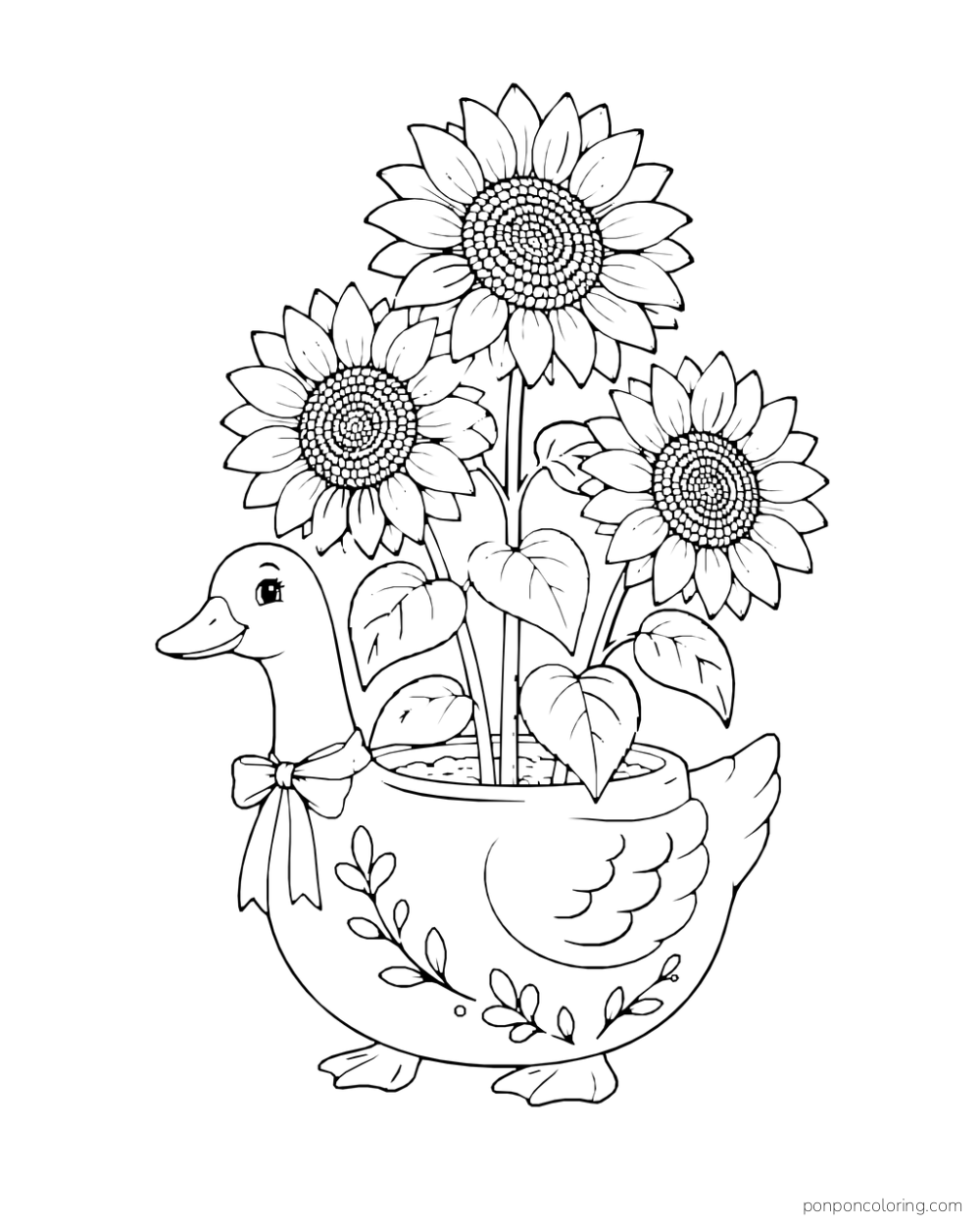 Three sunflowers rise from a goose-shaped ceramic planter with a bow.