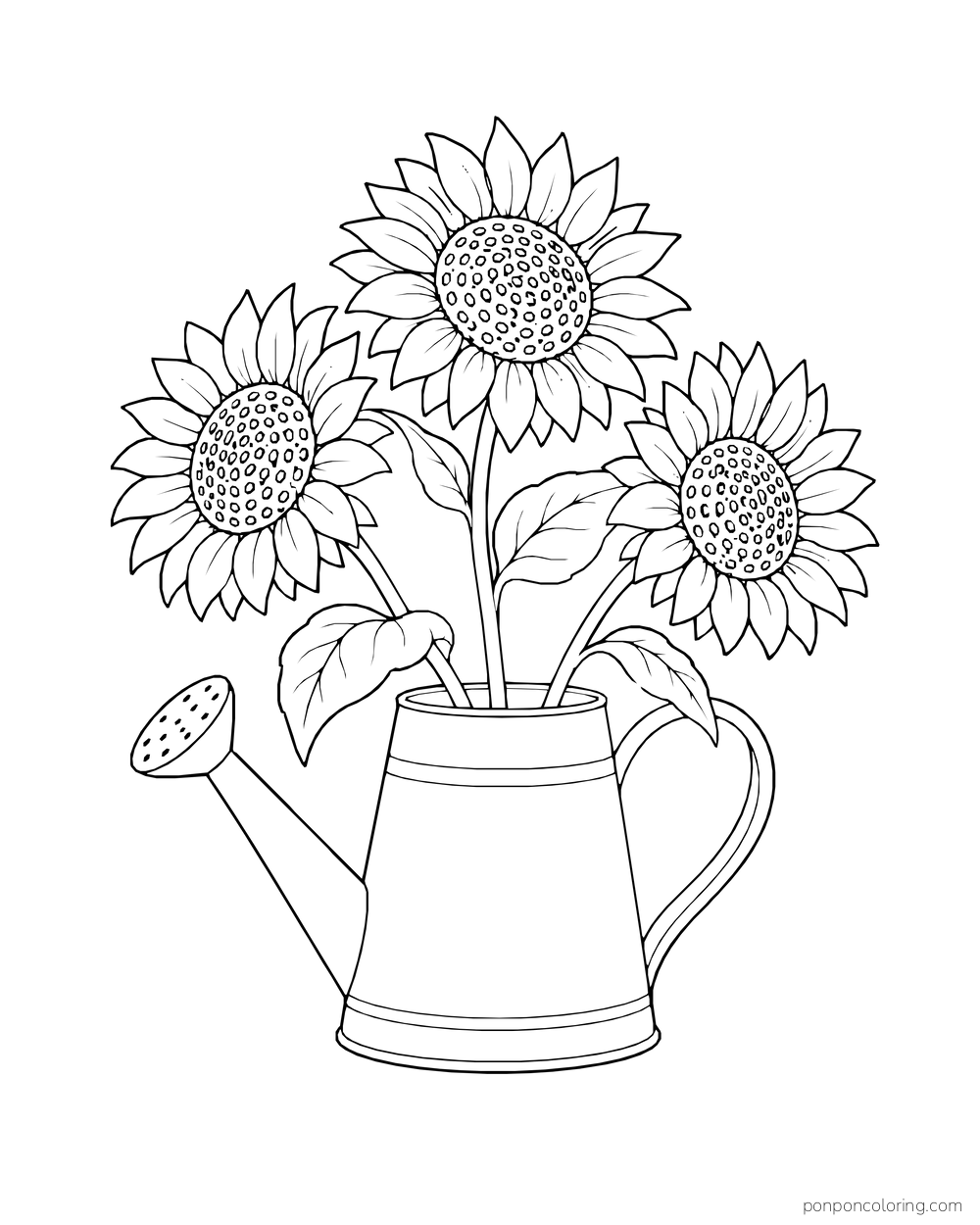 Three sunflowers standing in a watering can with a handle and spout.