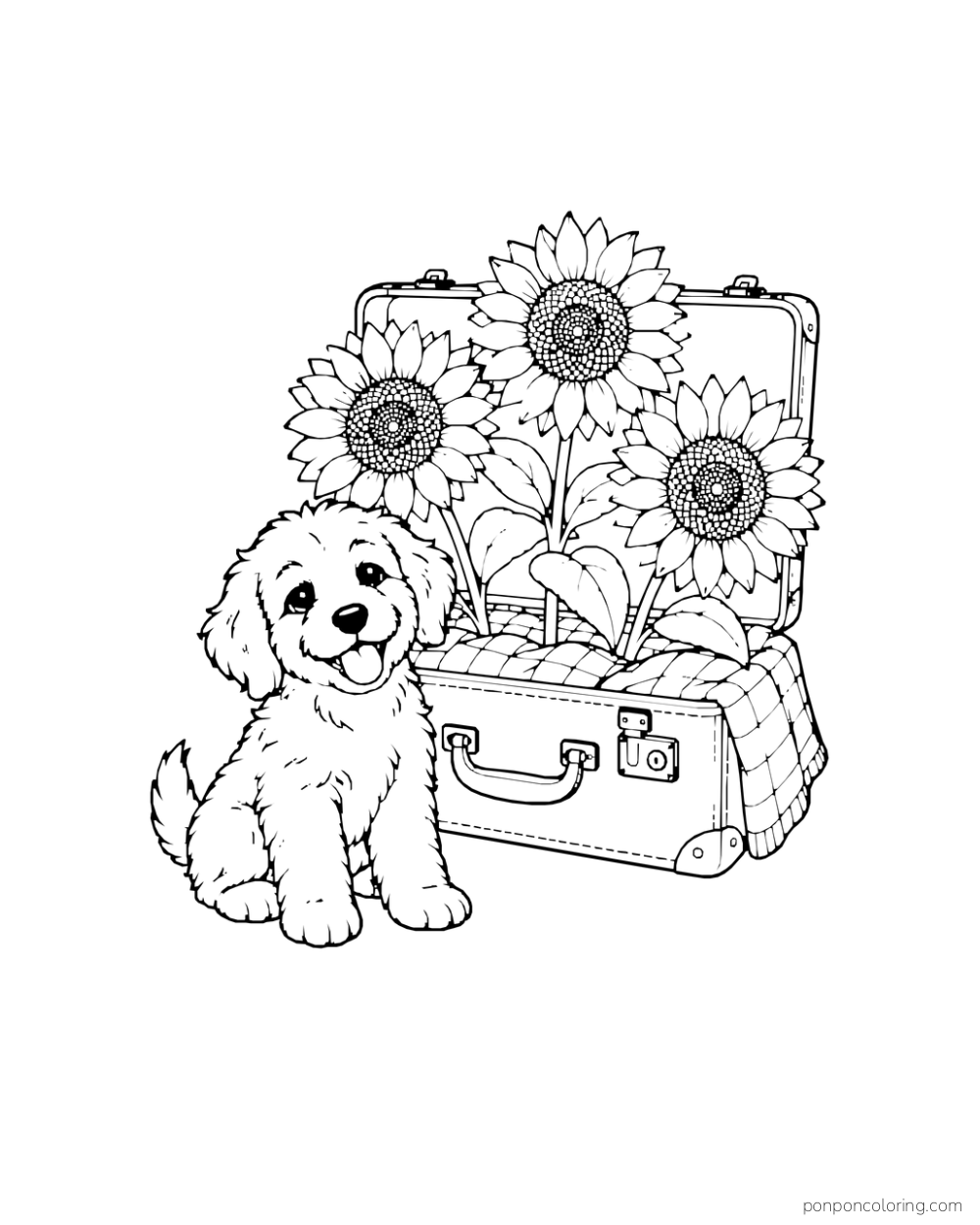 A puppy stands beside an open suitcase filled with sunflowers and a checked cloth.