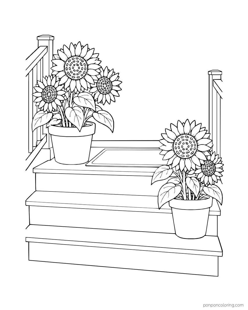 Two sunflower pots on broad porch steps beside simple railings.