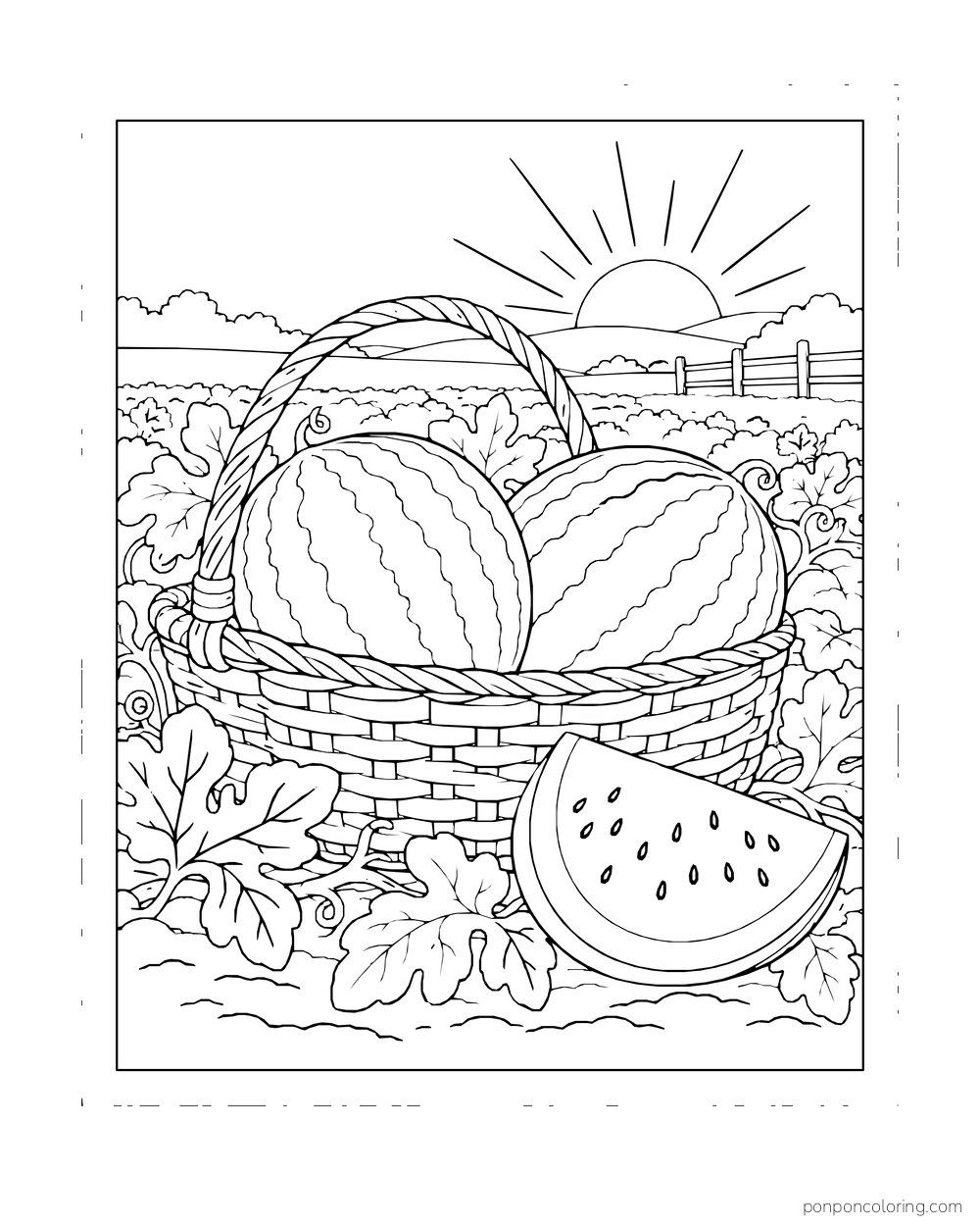 Two whole watermelons in a harvest basket with a wedge in a sunrise garden.