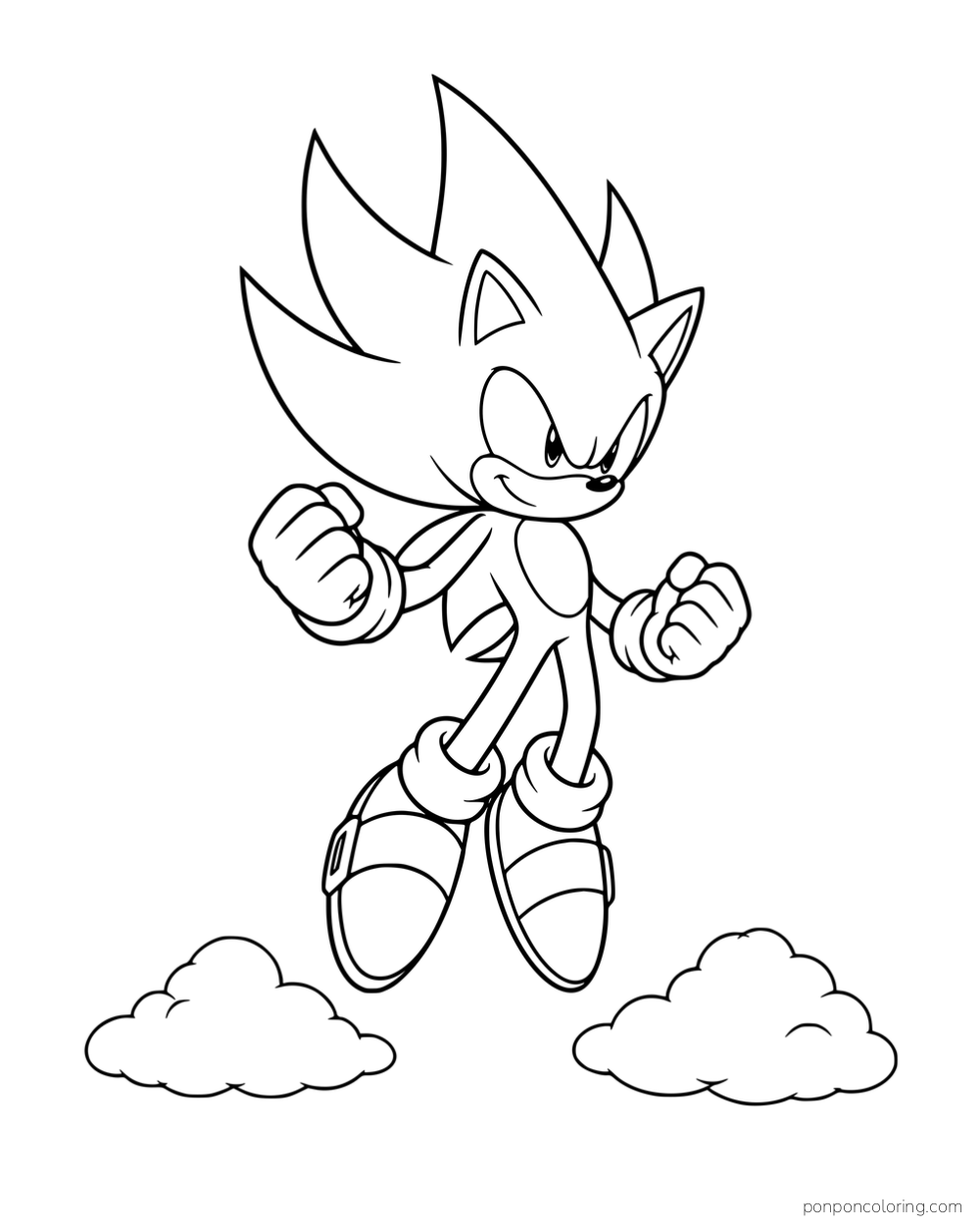 Super Sonic hovering above two clouds with his fists raised.