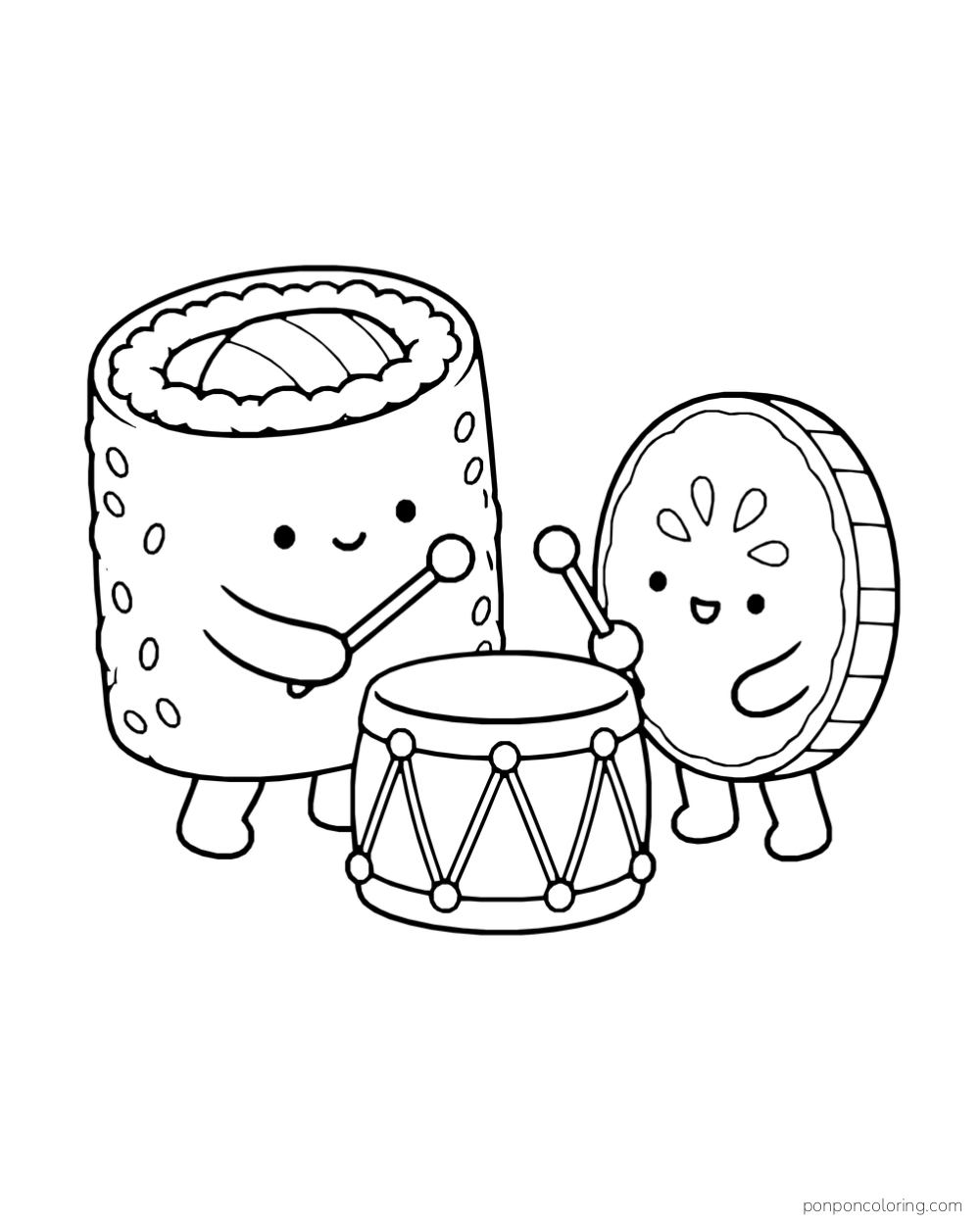 A sushi roll and a cucumber slice hold drumsticks over a small drum.