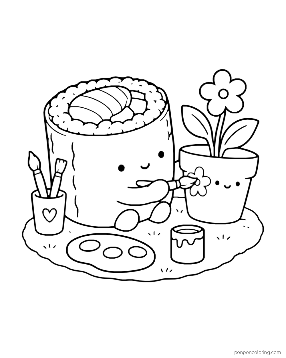A sushi roll paints a flower on a smiling flowerpot beside brushes, paint and a palette.