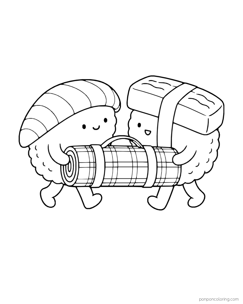 Two pieces of nigiri carry a rolled picnic mat together.