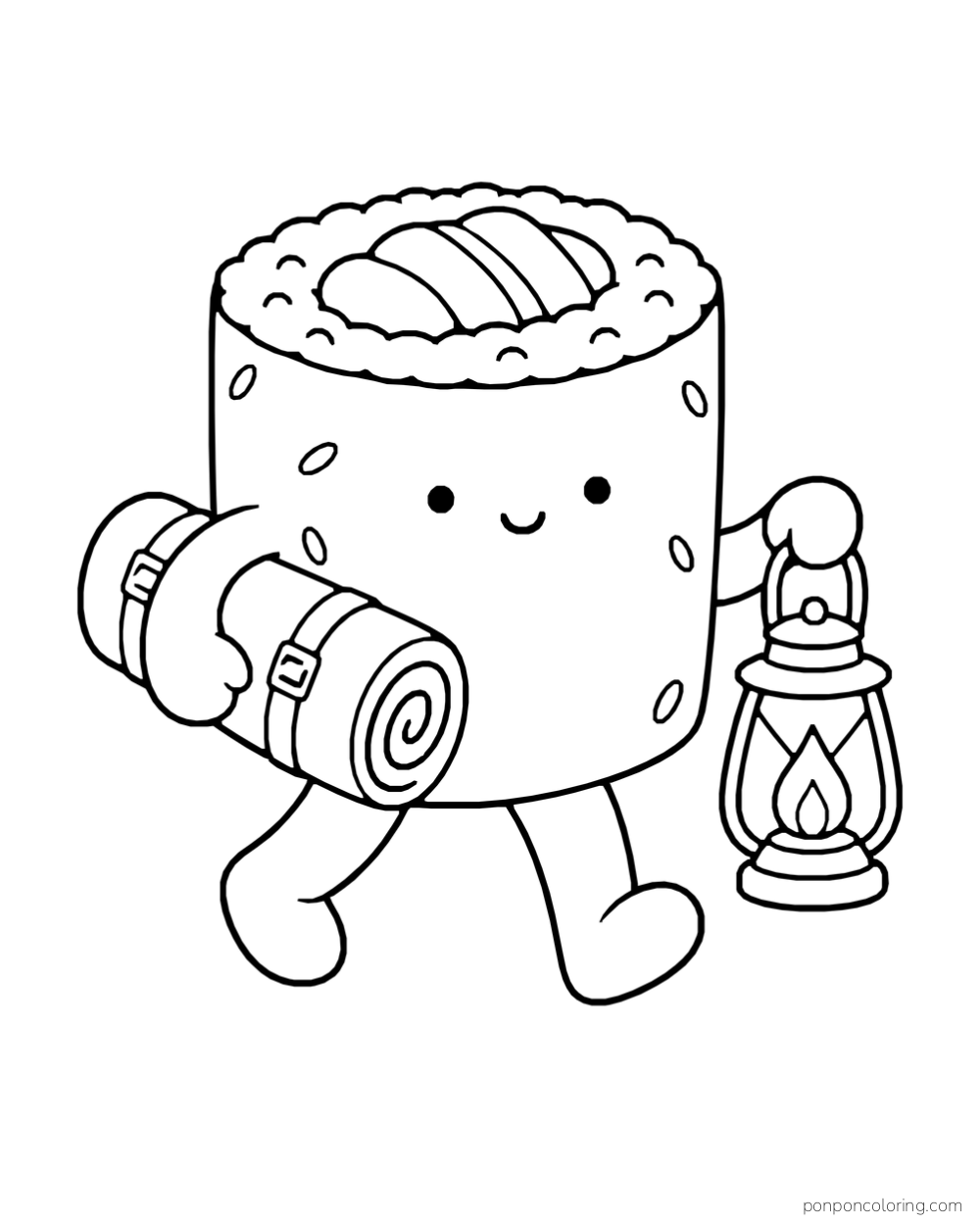 A sushi roll carries a rolled blanket and a lantern.