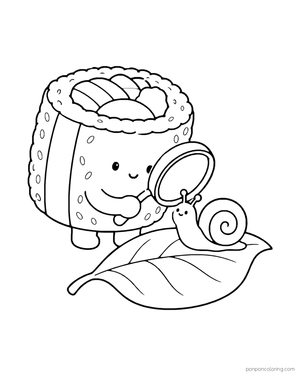 A sushi roll looks through a magnifying glass at a snail on a leaf.