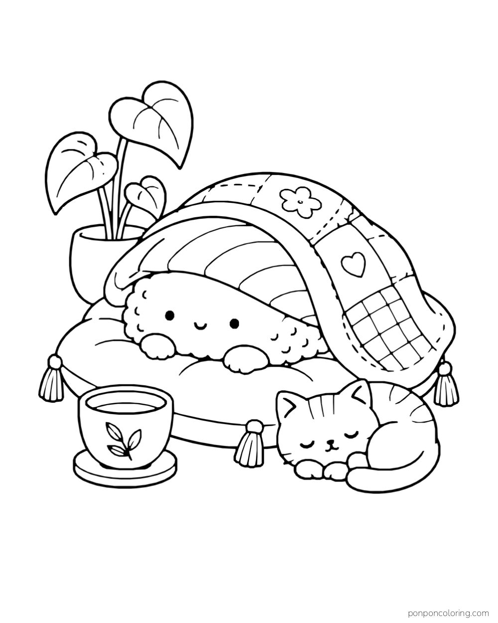 A sushi nigiri rests on a cushion under a patchwork blanket beside a sleeping cat, a cup and a plant.