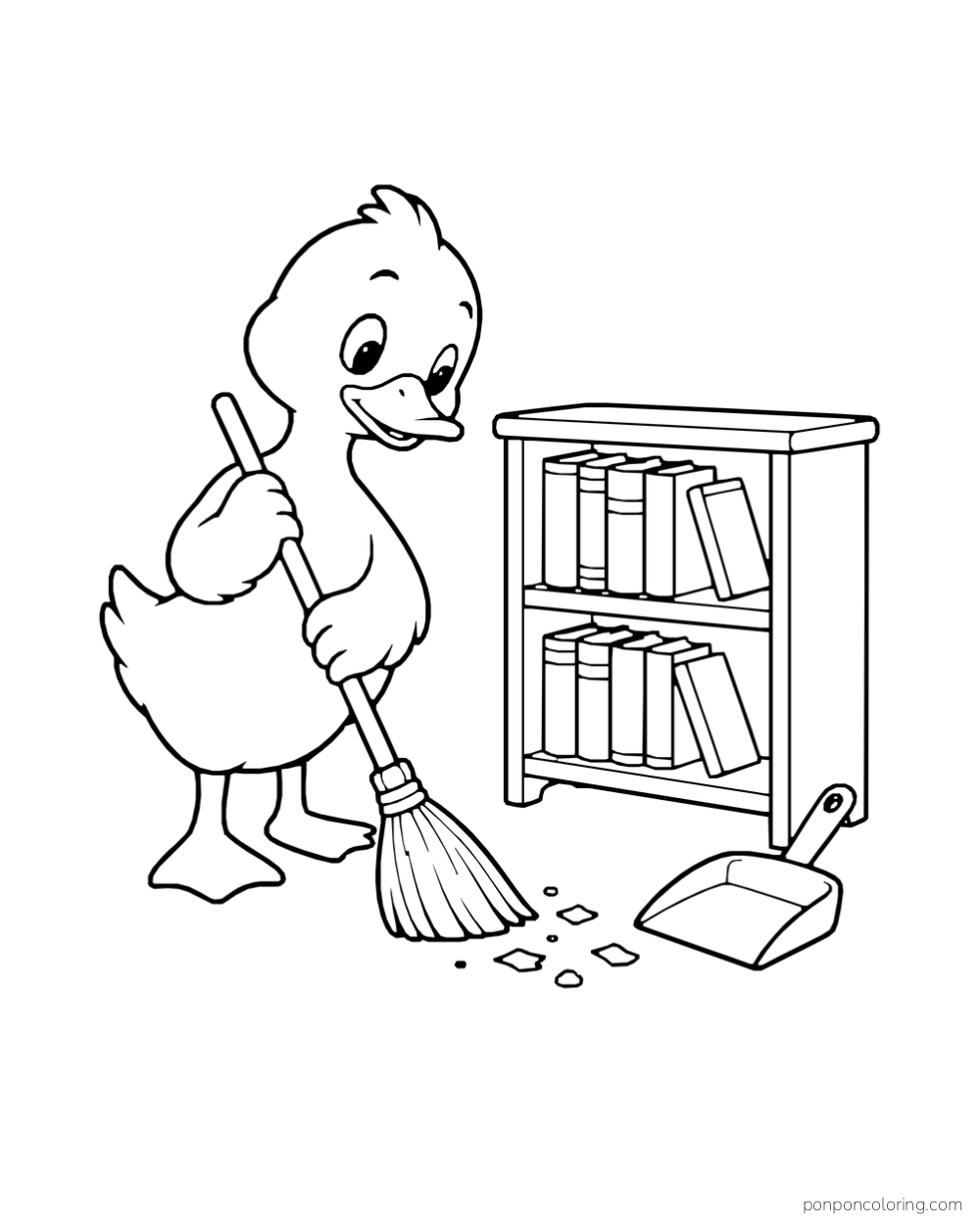 A duck holding a broom beside a low bookcase, small dustpan, and bits on the floor.