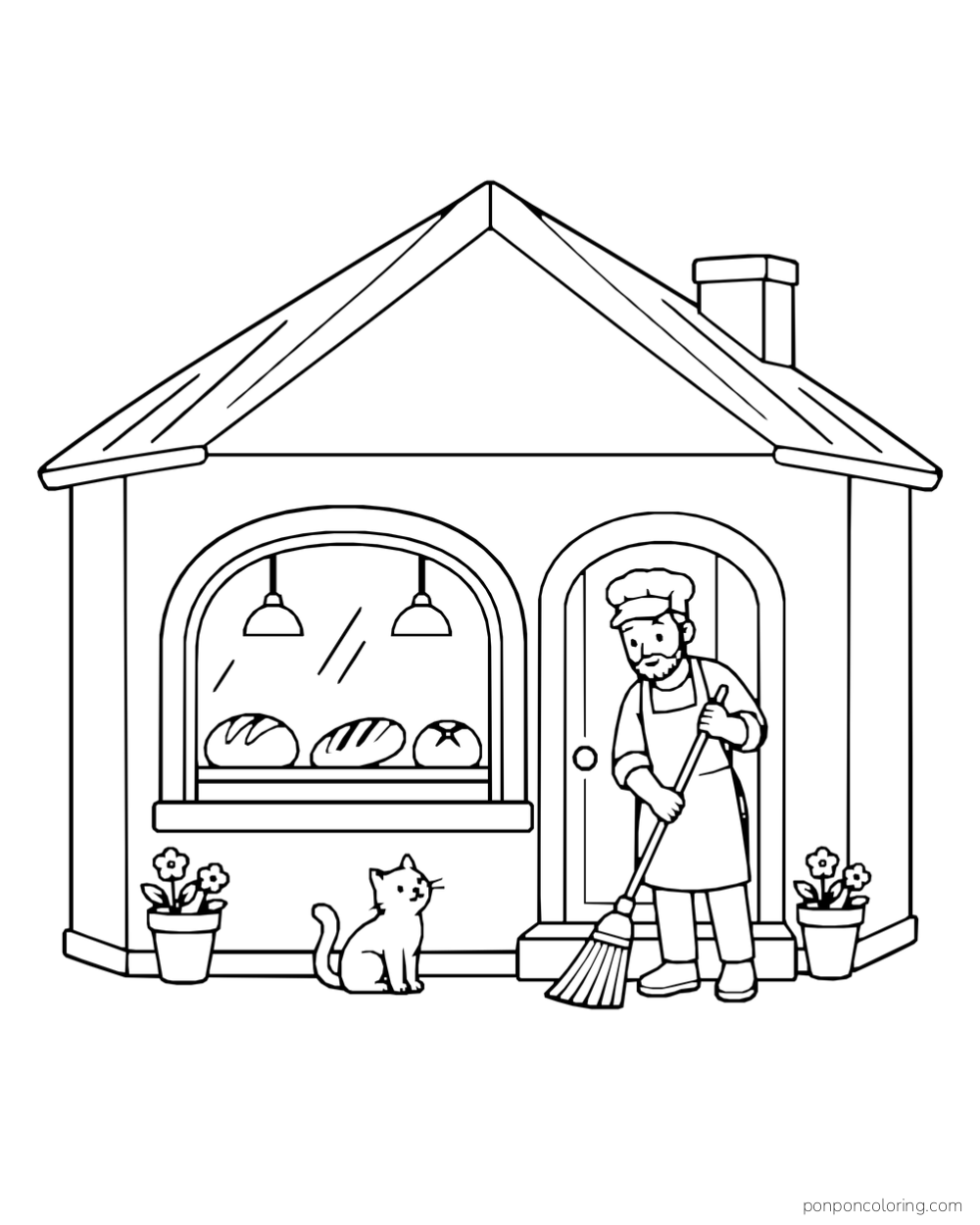 A baker sweeps beside a bakery doorway while large loaves show through the shop window and a cat sits nearby.