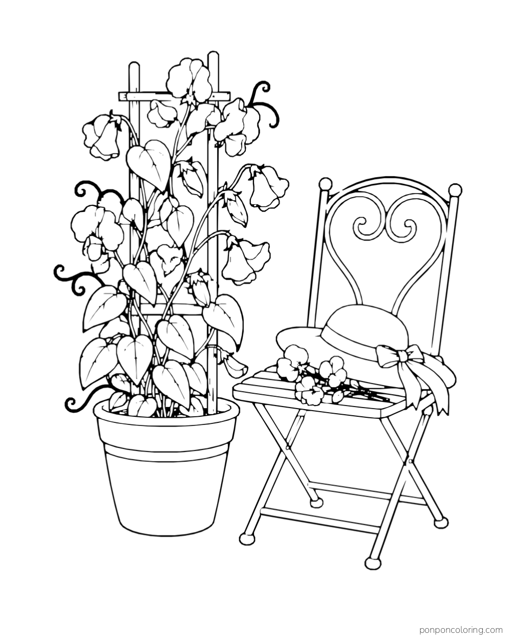 Sweet peas climb a small trellis in a pot beside a folding chair holding a flower-trimmed hat.