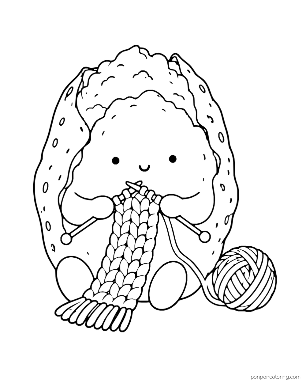 A baked sweet potato knits a scarf beside a ball of yarn.