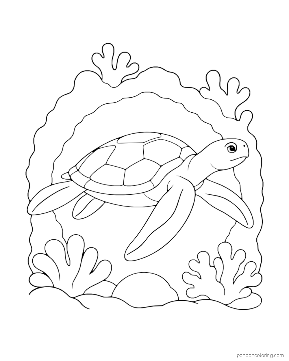 A sea turtle swims through a broad coral arch above a few rounded reef shapes.