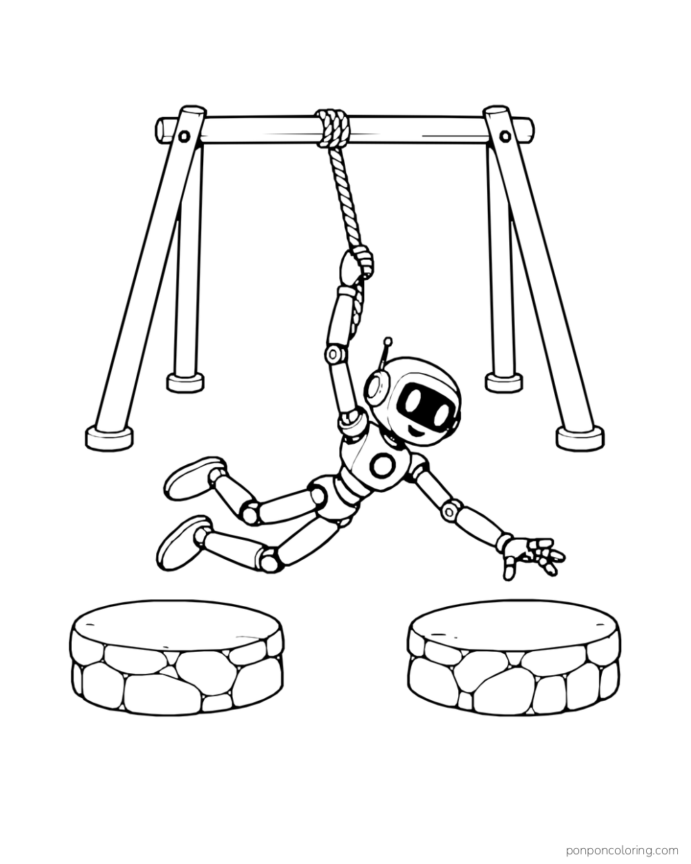 Long-armed robot swings between two stone platforms on a rope.