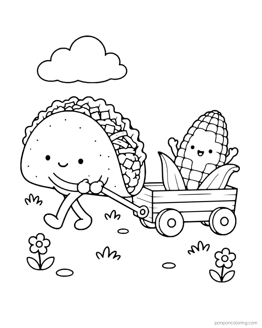 A taco pulls a corn cob in a little wooden wagon beneath a cloud.