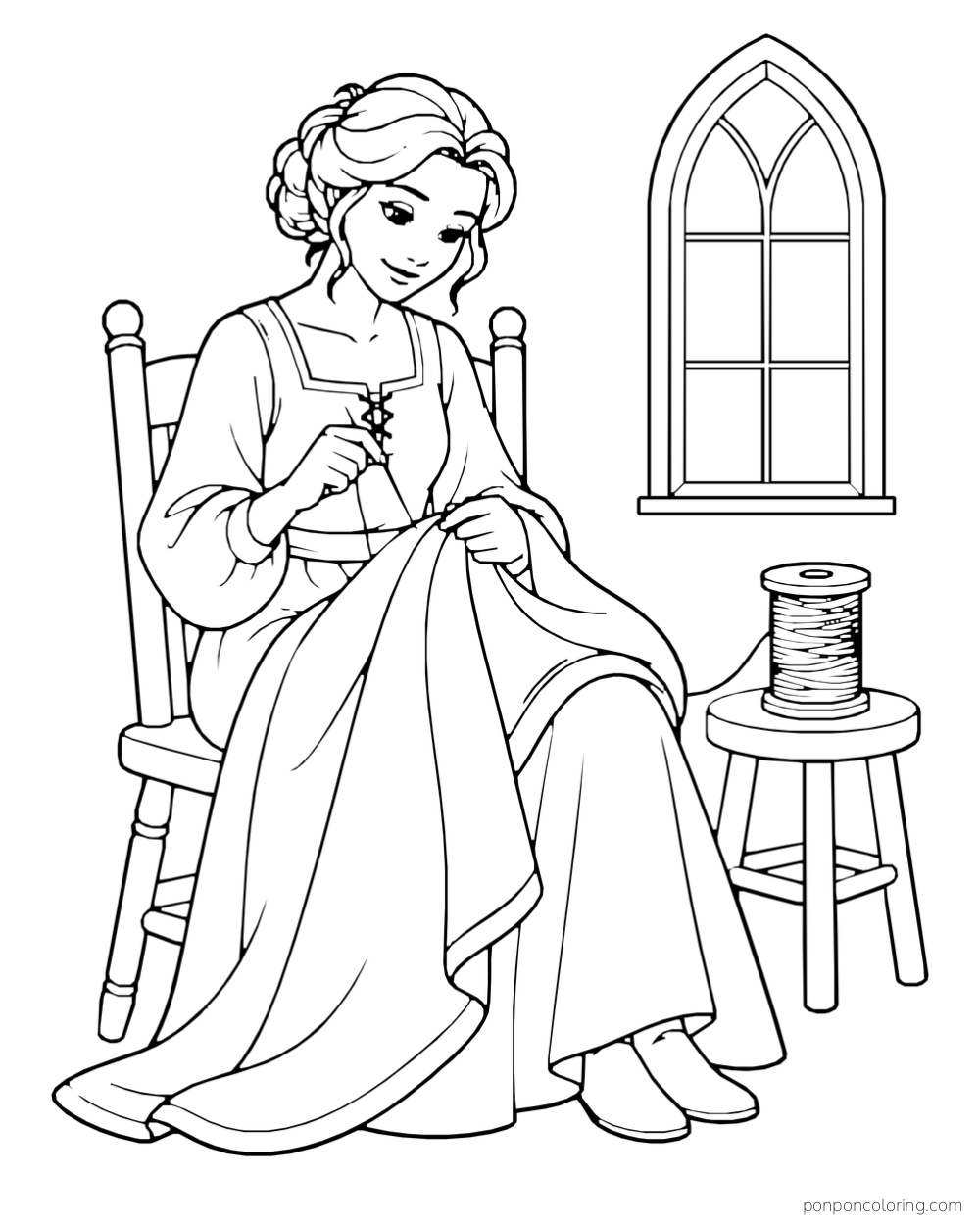 A seated tailor sewing a long piece of cloth beside a pointed window and a spool of thread on a stool.