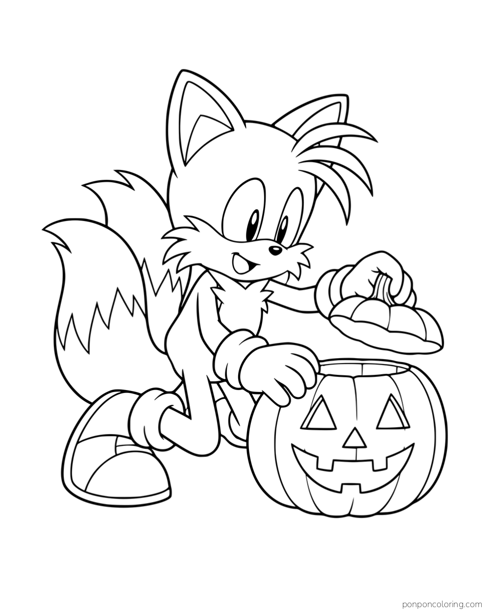Tails lifting the lid of a carved pumpkin.