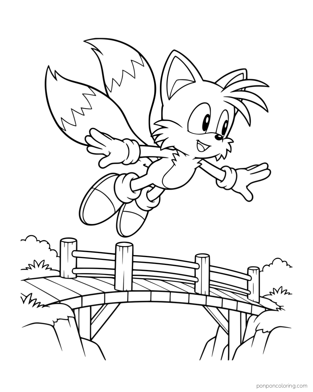 Tails flying above a wooden bridge with both tails behind him.